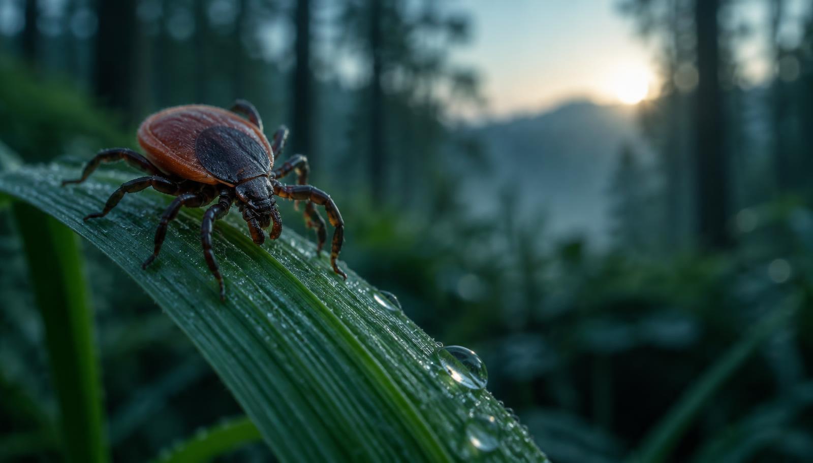 A tick waiting on a blade of grass at dawn